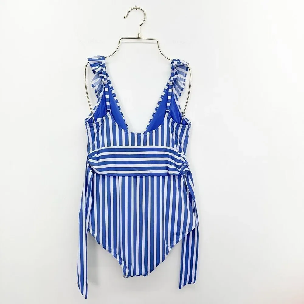 Vineyard Vines Women’s Blue and White Sail Stripe Ruffle One-Piece Swimsuit